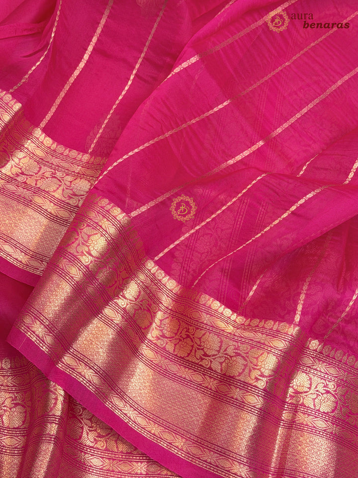 Hot Pink Banarasi Kora Organza Saree with Gold Zari Work