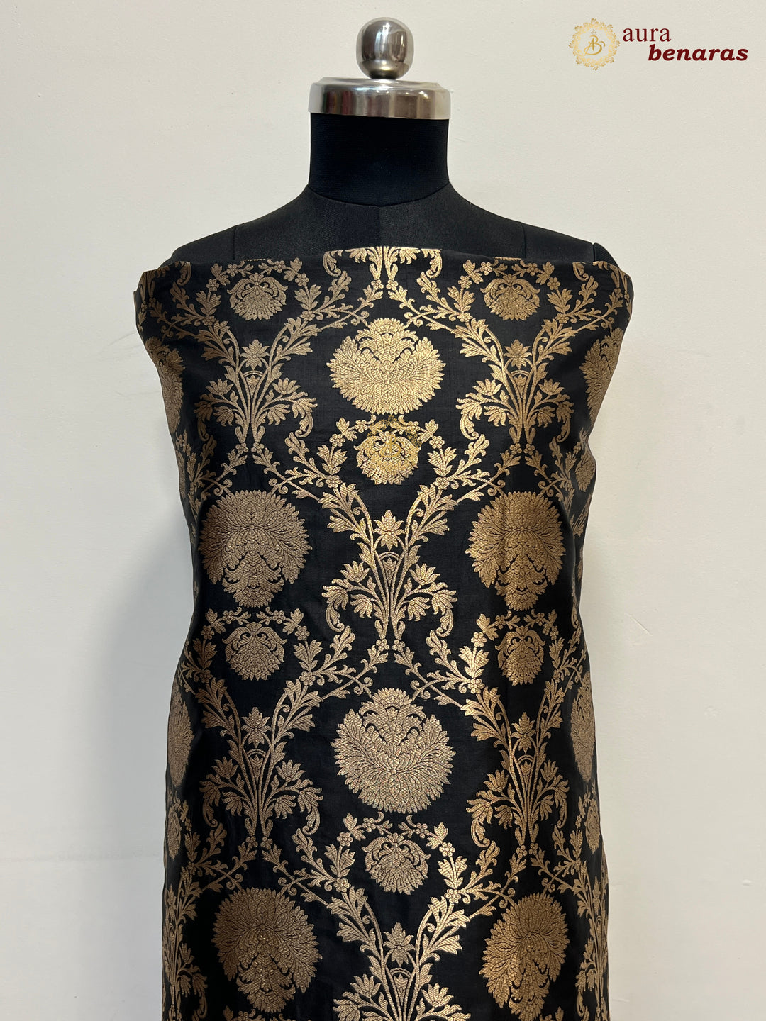  Black Pure Banarasi Katan Silk Kurta with Floral Jaal