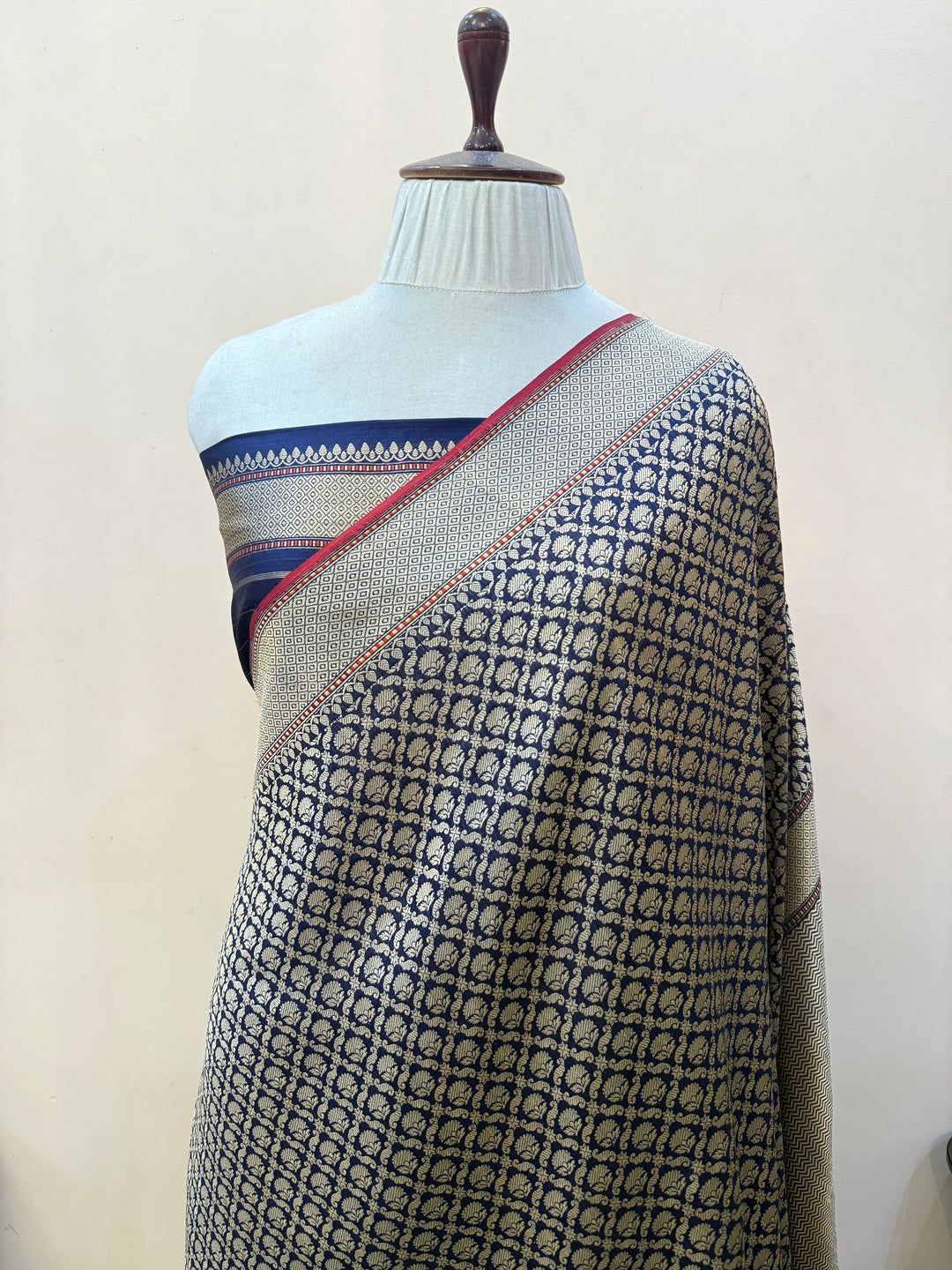 Navy Blue Katan Silk Banarasi Saree with Floral Brocade Work