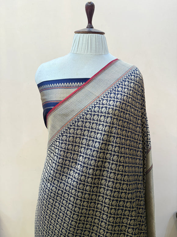 Navy Blue Katan Silk Banarasi Saree with Floral Brocade Work