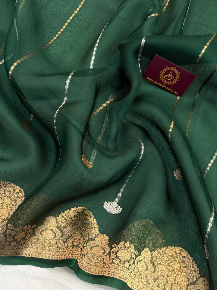 Bottle Green Pure Kora Silk Handloom Banarasi Saree