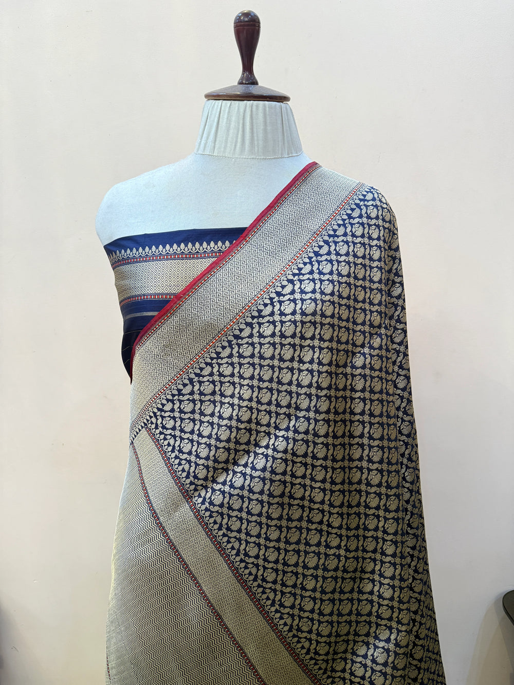 Navy Blue Katan Silk Banarasi Saree with Floral Brocade Work