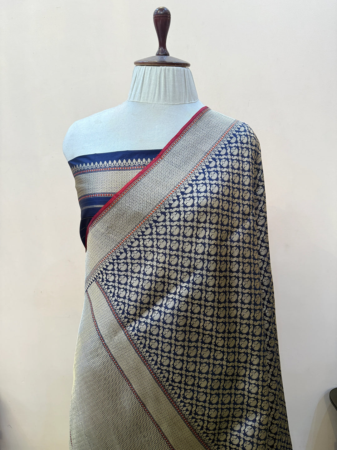 Navy Blue Katan Silk Banarasi Saree with Floral Brocade Work