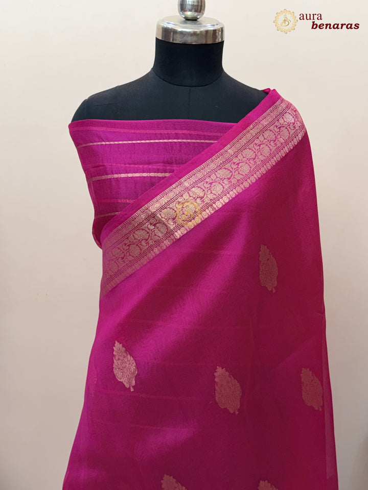 Hot Pink Banarasi Kora Organza Saree with Gold Zari Work