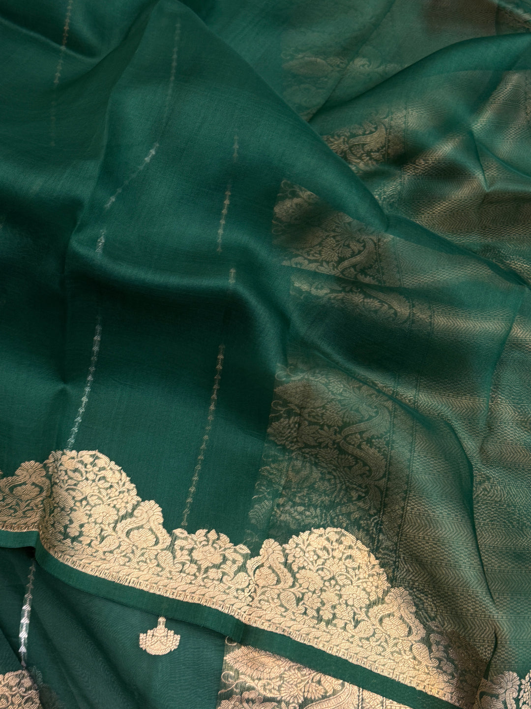 Bottle Green Pure Kora Silk Handloom Banarasi Saree