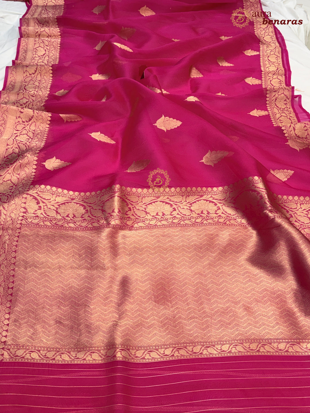 Hot Pink Banarasi Kora Organza Sari with Gold Zari Work