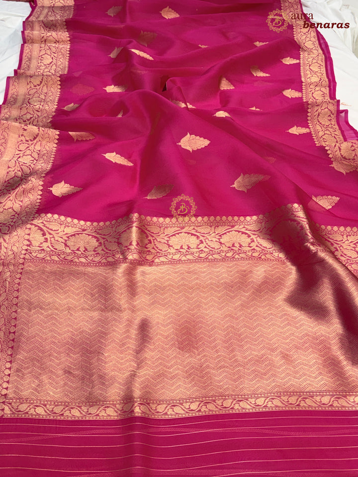 Hot Pink Banarasi Kora Organza Sari with Gold Zari Work