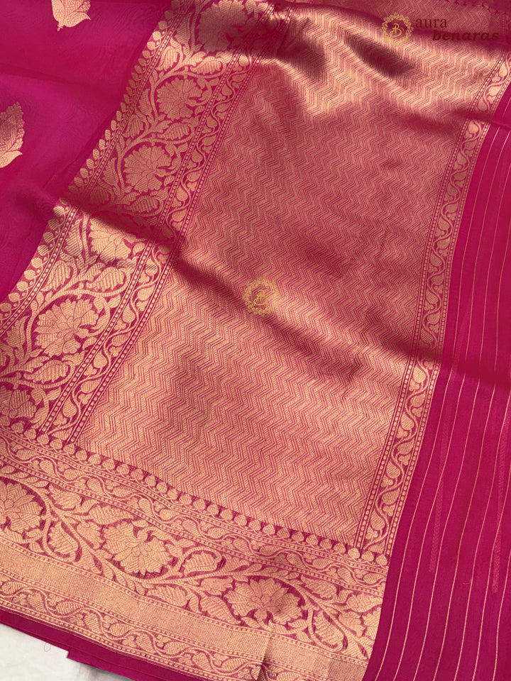 Hot Pink Banarasi Kora Organza Sari with Gold Zari Work