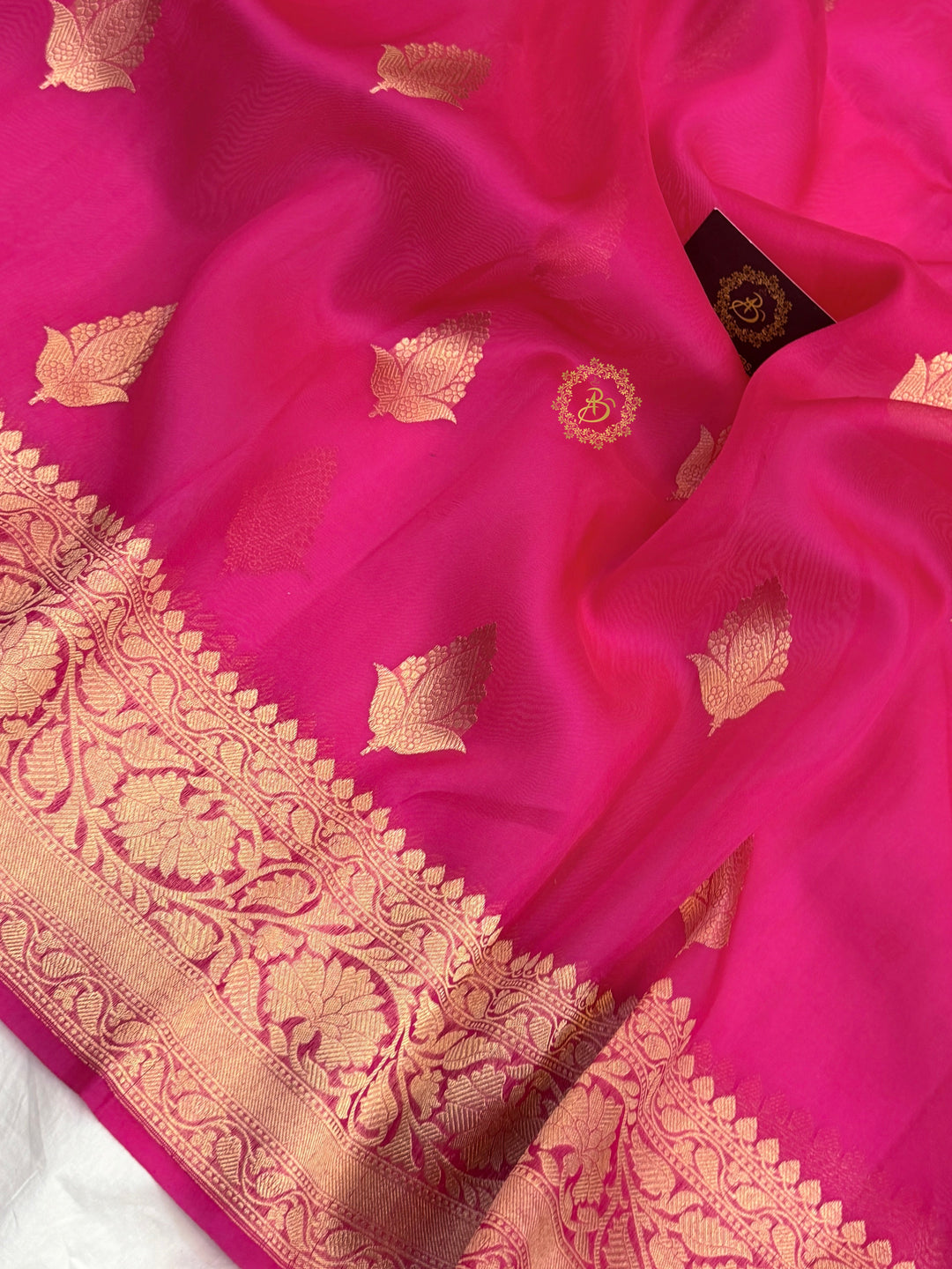 Hot Pink Banarasi Kora Organza Sari with Gold Zari Work