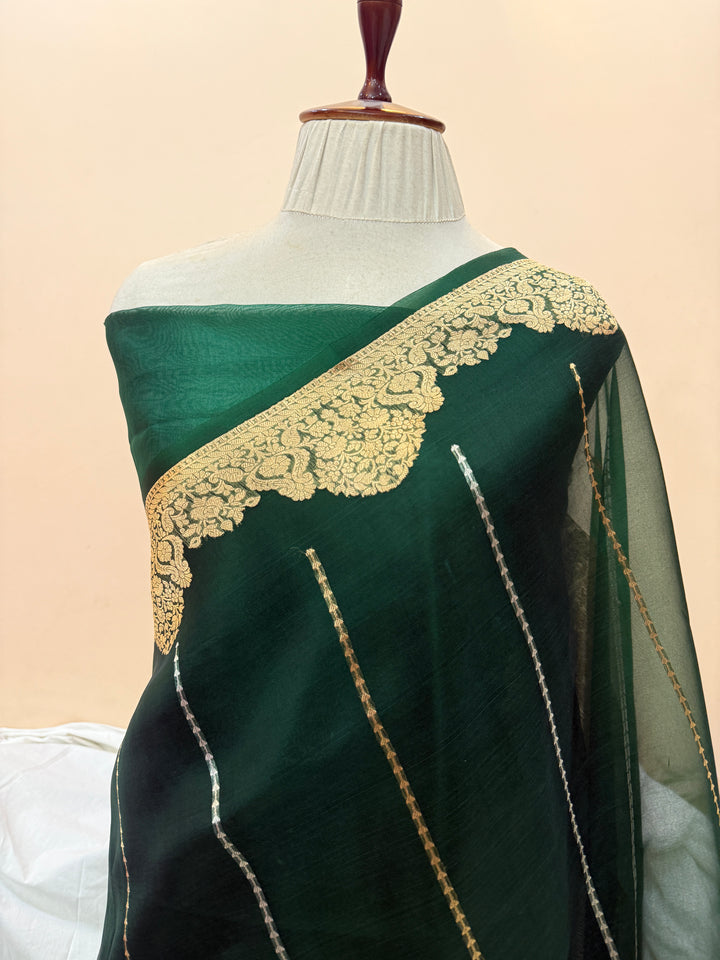 Bottle Green Pure Kora Silk Handloom Banarasi Saree