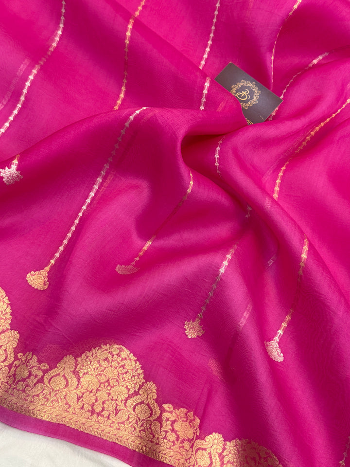 Fisher Pink Pure Kora Silk Handloom Banarasi Saree