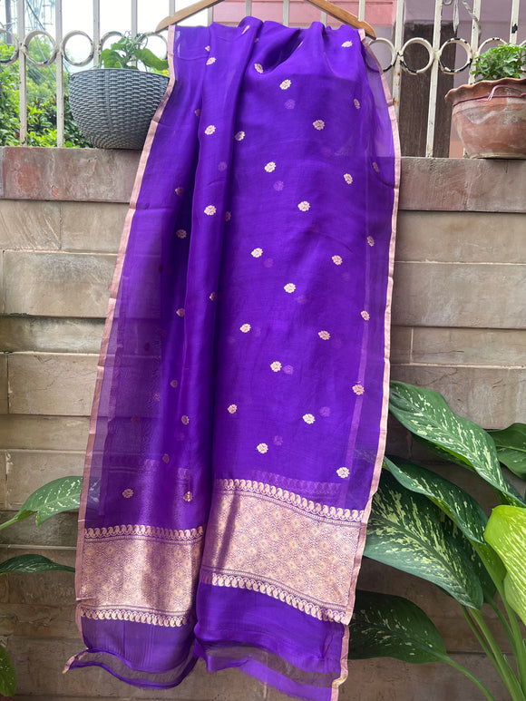 Purple Pure Banarasi Kora Silk Dupatta - Aura Benaras