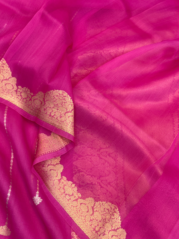 Fisher Pink Pure Kora Silk Handloom Banarasi Saree