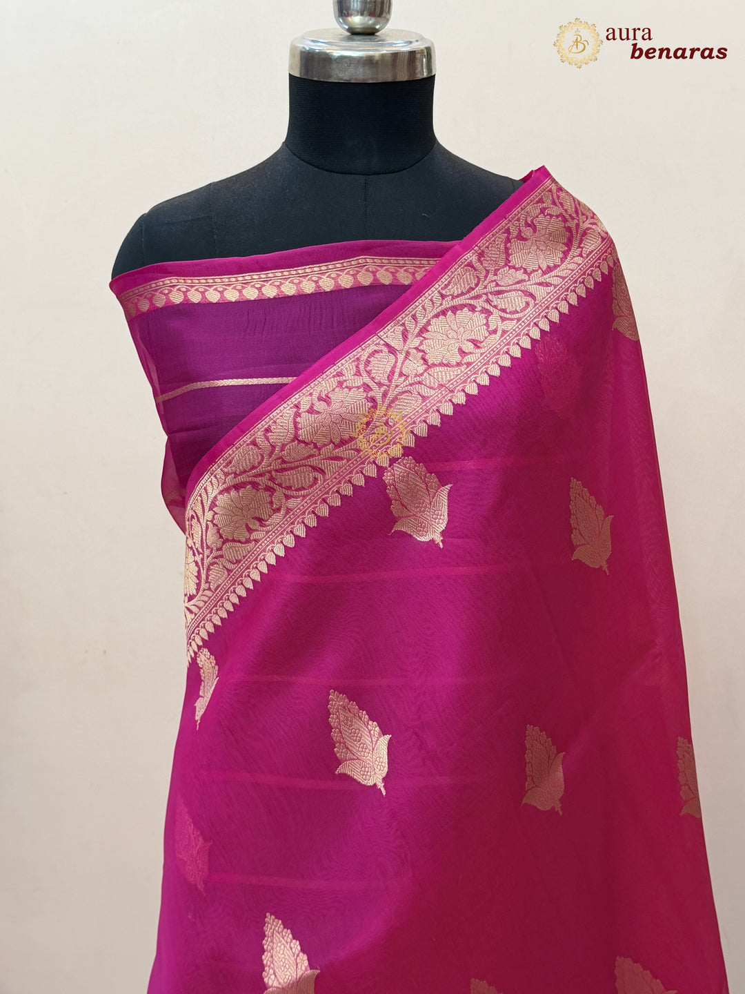 Hot Pink Banarasi Kora Organza Sari with Gold Zari Work