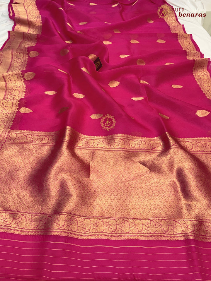 Hot Pink Banarasi Kora Organza Sari with Gold Zari Work
