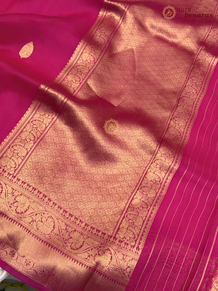 Hot Pink Banarasi Kora Organza Sari with Gold Zari Work