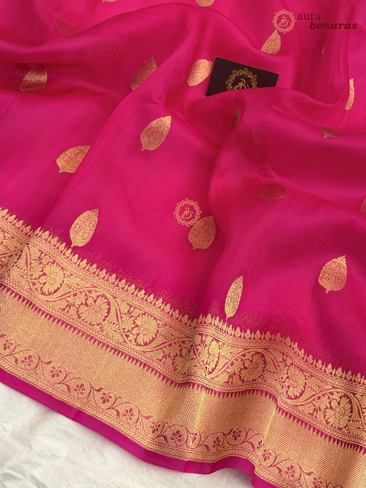 Hot Pink Banarasi Kora Organza Sari with Gold Zari Work
