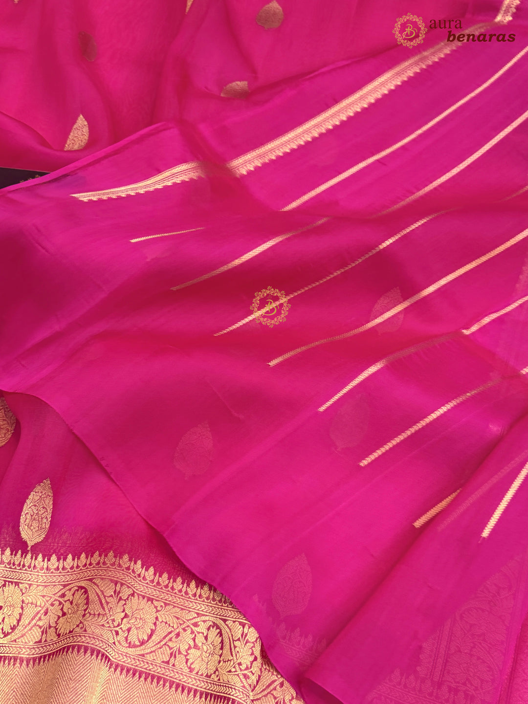 Hot Pink Banarasi Kora Organza Sari with Gold Zari Work