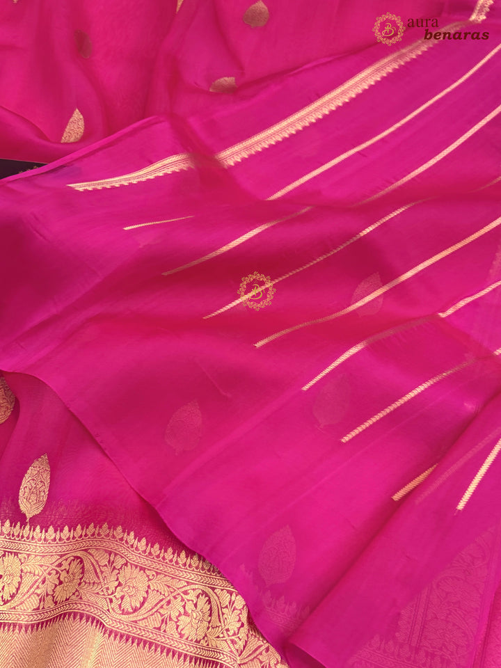 Hot Pink Banarasi Kora Organza Sari with Gold Zari Work