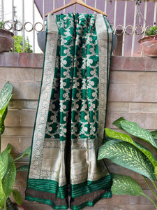 Bottle Green Pure Banarasi Handloom Katan Silk Dupatta - Aura Benaras