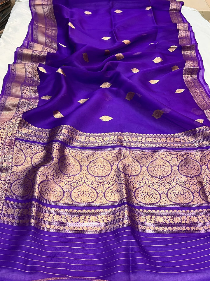 Purple Banarasi Handloom Kora Silk Saree