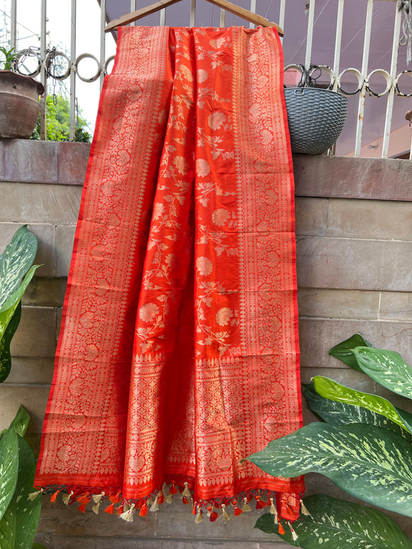 Orange Pure Banarasi Handloom Katan Silk Dupatta - Aura Benaras