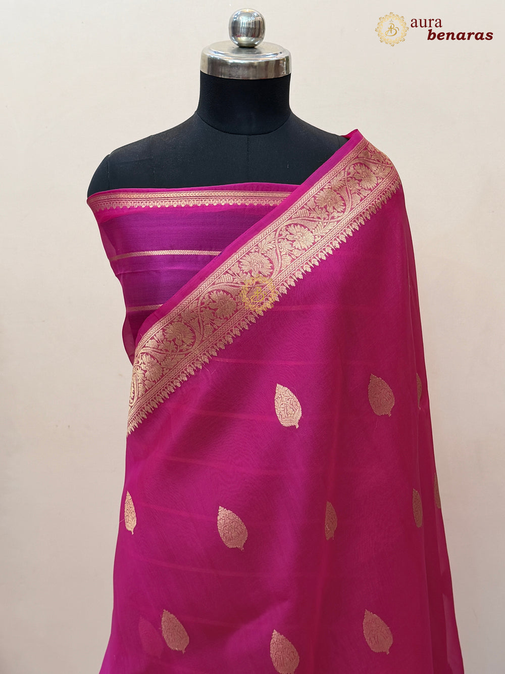 Hot Pink Banarasi Kora Organza Sari with Gold Zari Work