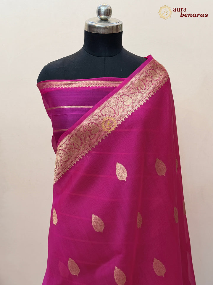 Hot Pink Banarasi Kora Organza Sari with Gold Zari Work