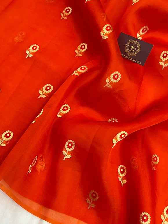 Orange Pure Kora Silk Handloom Banarasi Saree