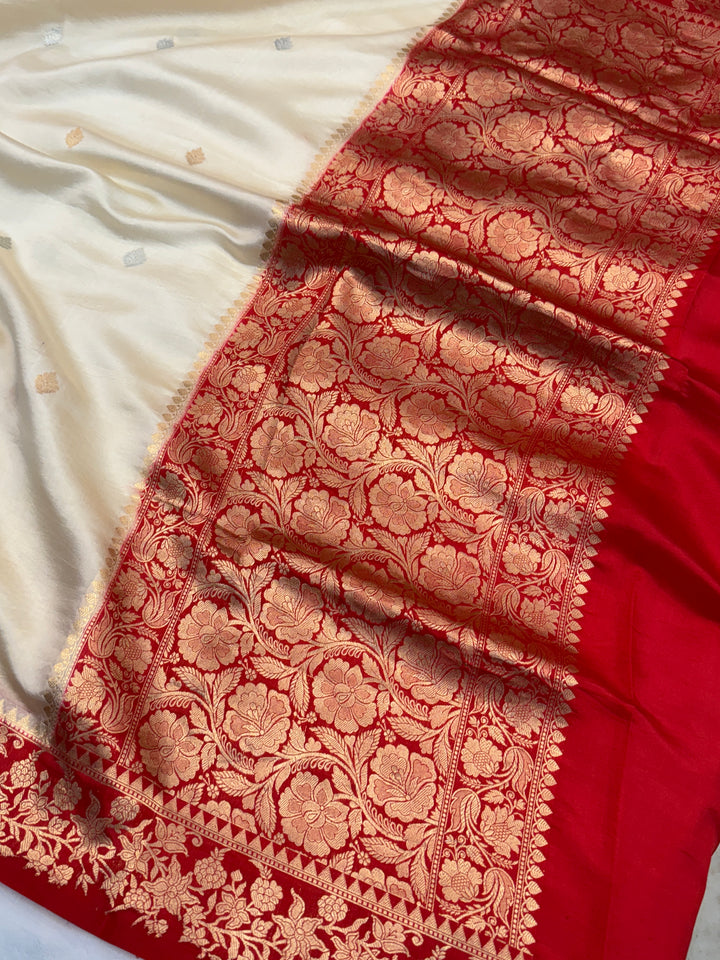 Cream Pure Silk Handloom Banarasi Saree