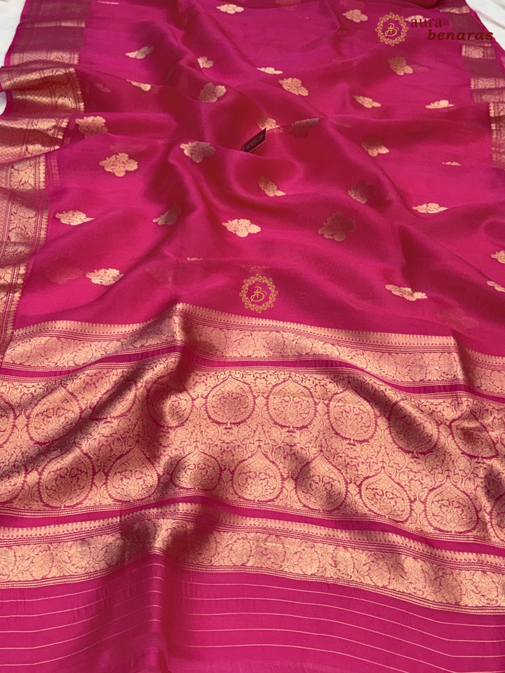 Hot Pink Banarasi Kora Organza Saree with Gold Zari Work