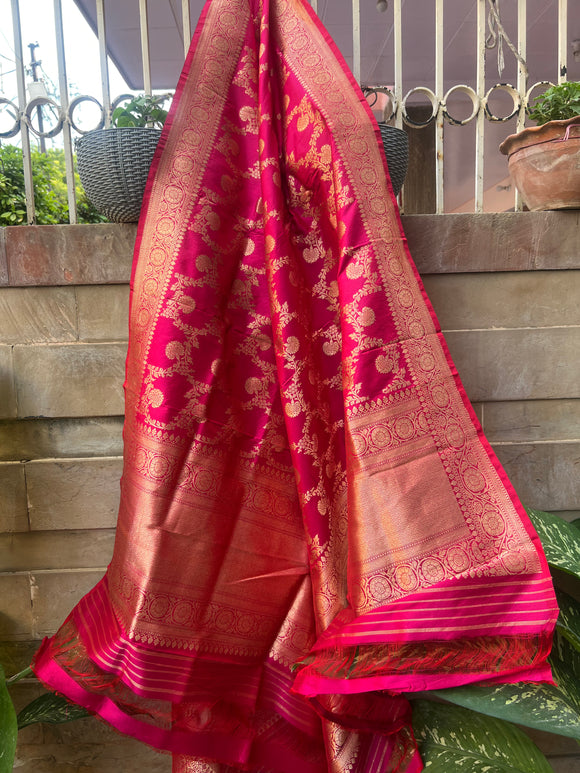 Rani Pink Pure Banarasi Handloom Katan Silk Dupatta - Aura Benaras