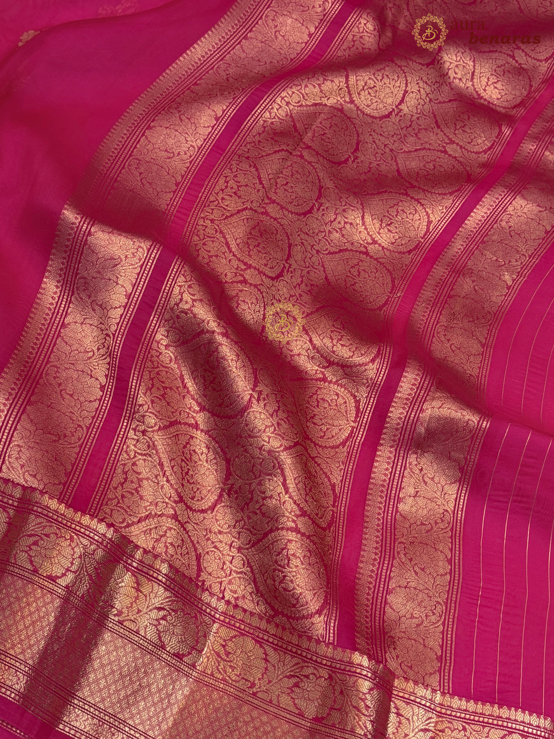 Hot Pink Banarasi Kora Organza Saree with Gold Zari Work