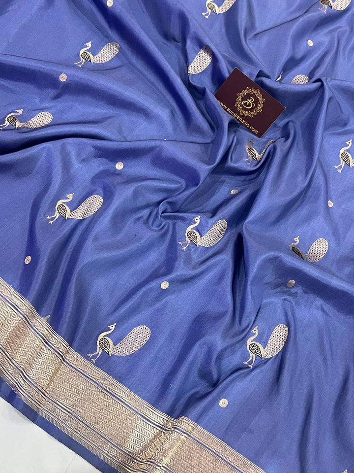 Airforce Blue Banarasi Handloom Katan Silk Saree | Aura Benaras