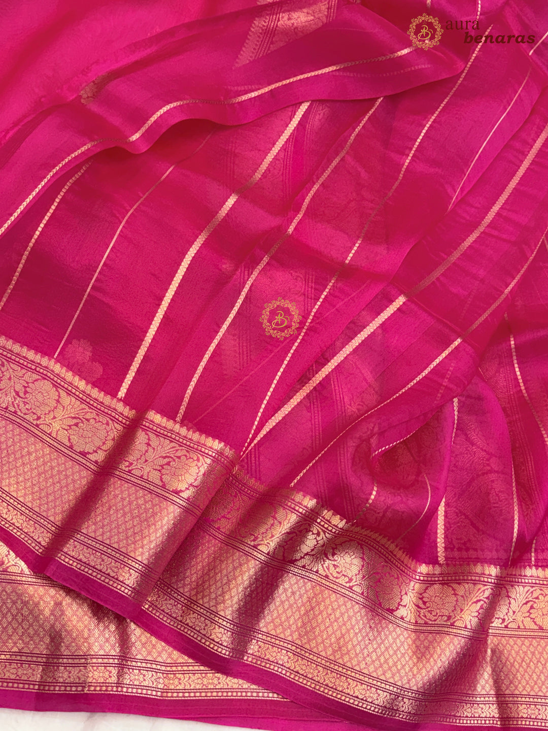 Hot Pink Banarasi Kora Organza Saree with Gold Zari Work