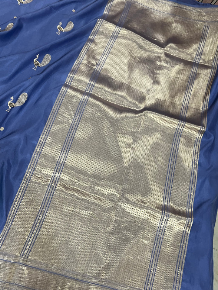 Airforce Blue Banarasi Handloom Katan Silk Saree | Aura Benaras