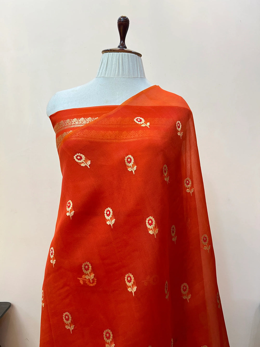 Orange Pure Kora Silk Handloom Banarasi Saree