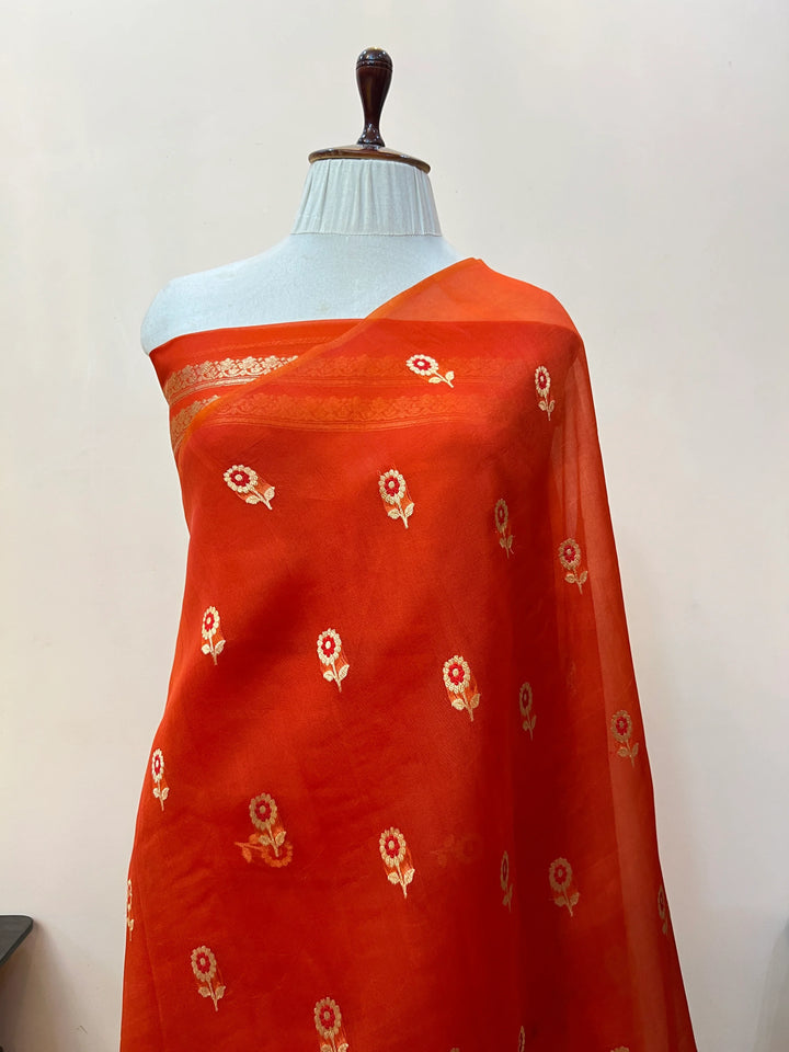 Orange Pure Kora Silk Handloom Banarasi Saree
