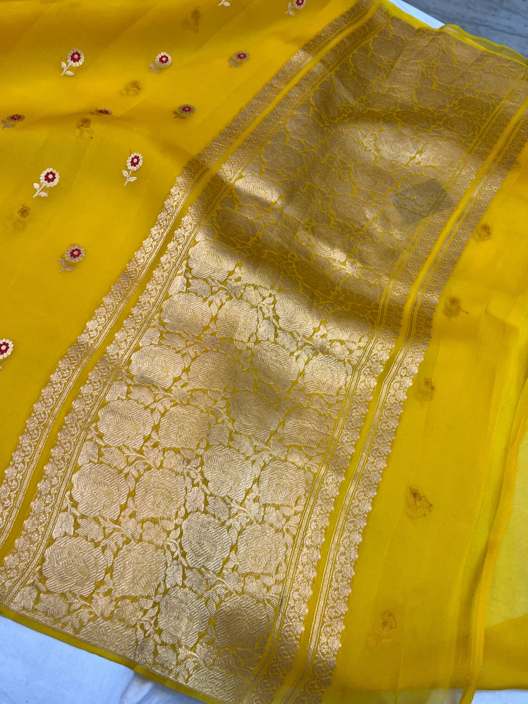 Yellow Pure Kora Silk Handloom Banarasi Saree