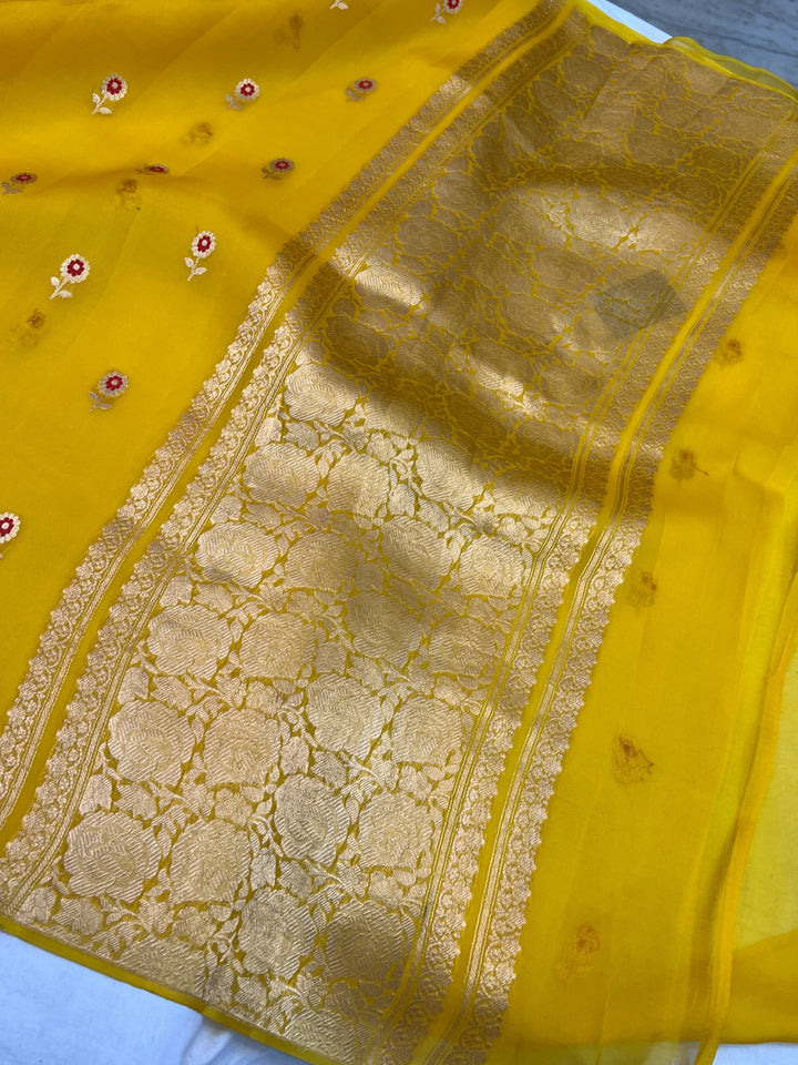 Yellow Pure Kora Silk Handloom Banarasi Saree