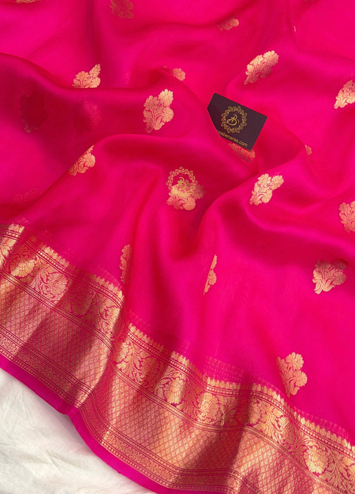 Hot Pink Banarasi Kora Organza Saree with Gold Zari Work