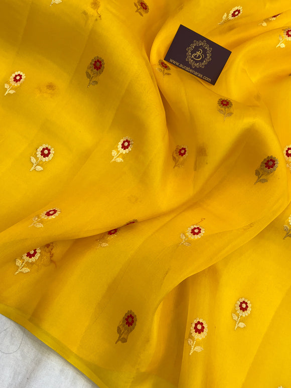 Yellow Pure Kora Silk Handloom Banarasi Saree