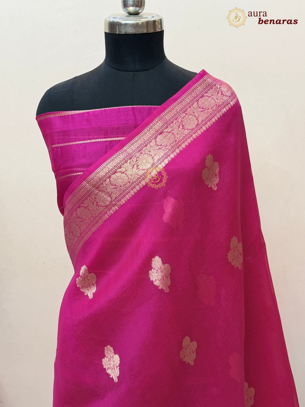 Hot Pink Banarasi Kora Organza Saree with Gold Zari Work