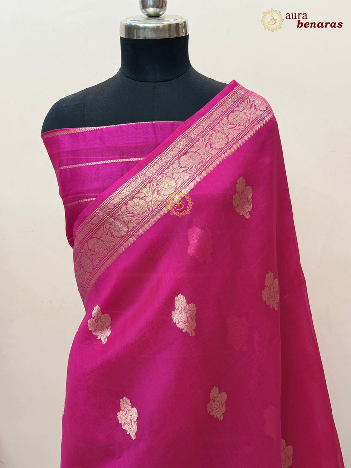 Hot Pink Banarasi Kora Organza Saree with Gold Zari Work