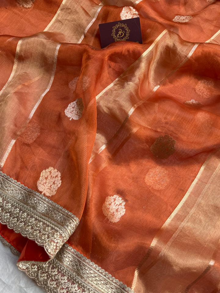 Orange Pure Banarasi Handloom Tissue Silk Saree