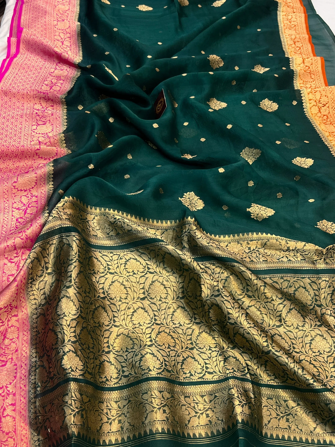 Bottle Green Banarasi Handloom Kora Silk Saree