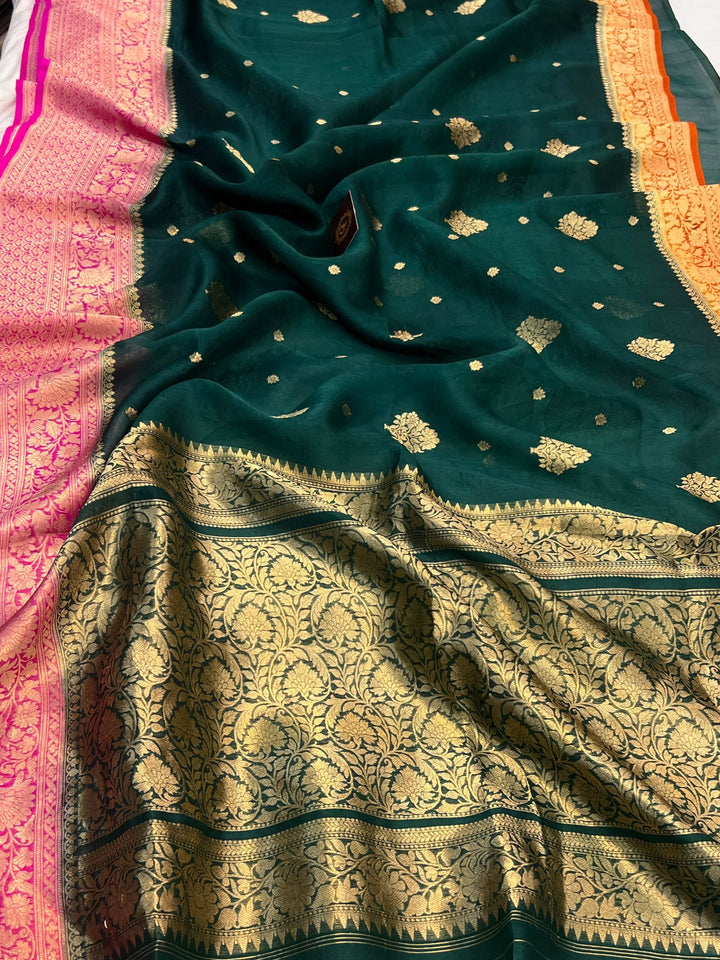 Bottle Green Banarasi Handloom Kora Silk Saree