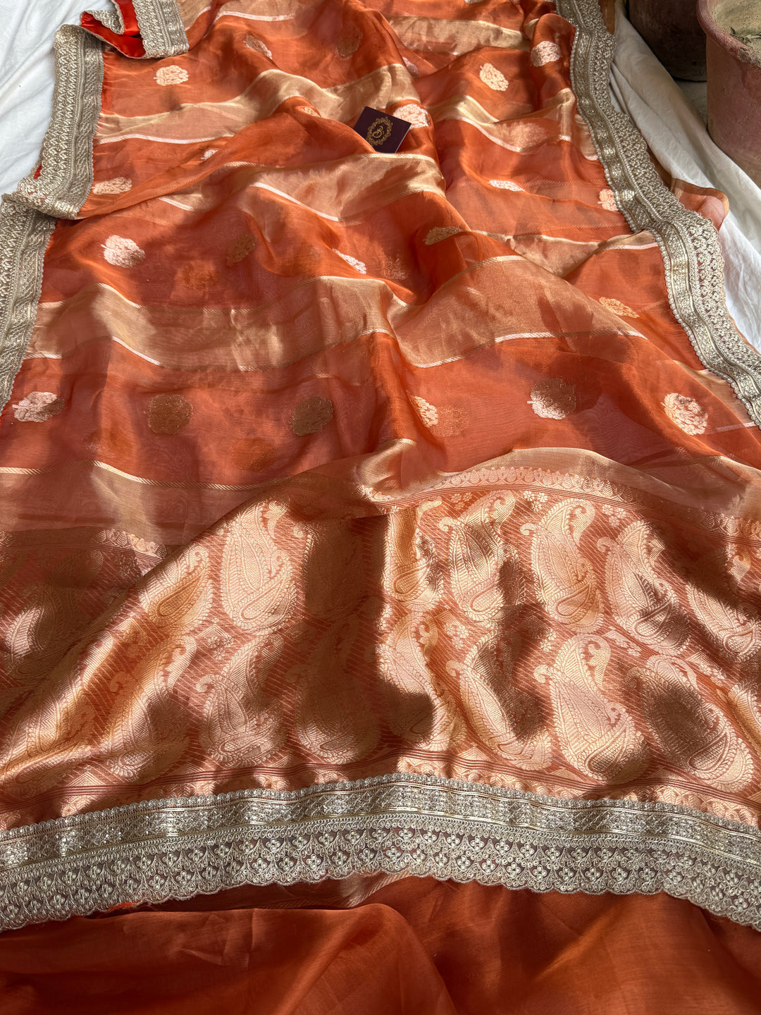 Orange Pure Banarasi Handloom Tissue Silk Saree