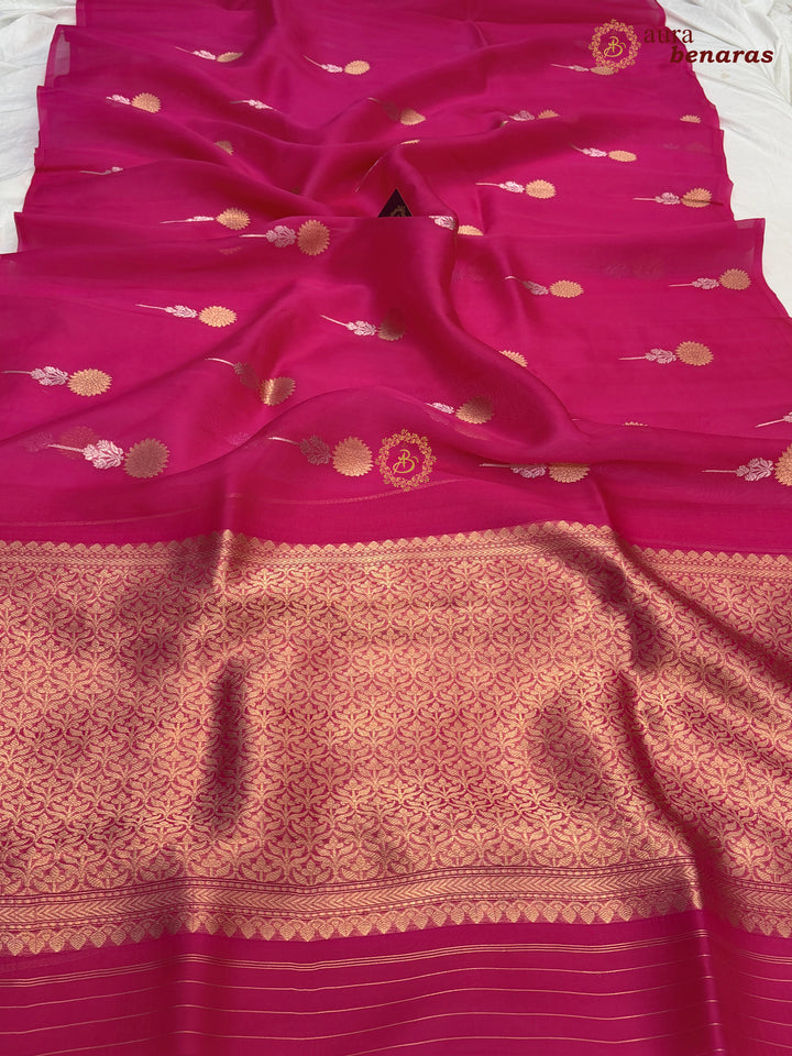 Hot Pink Kora Silk Banarasi Saree with Sona Rupa Butis