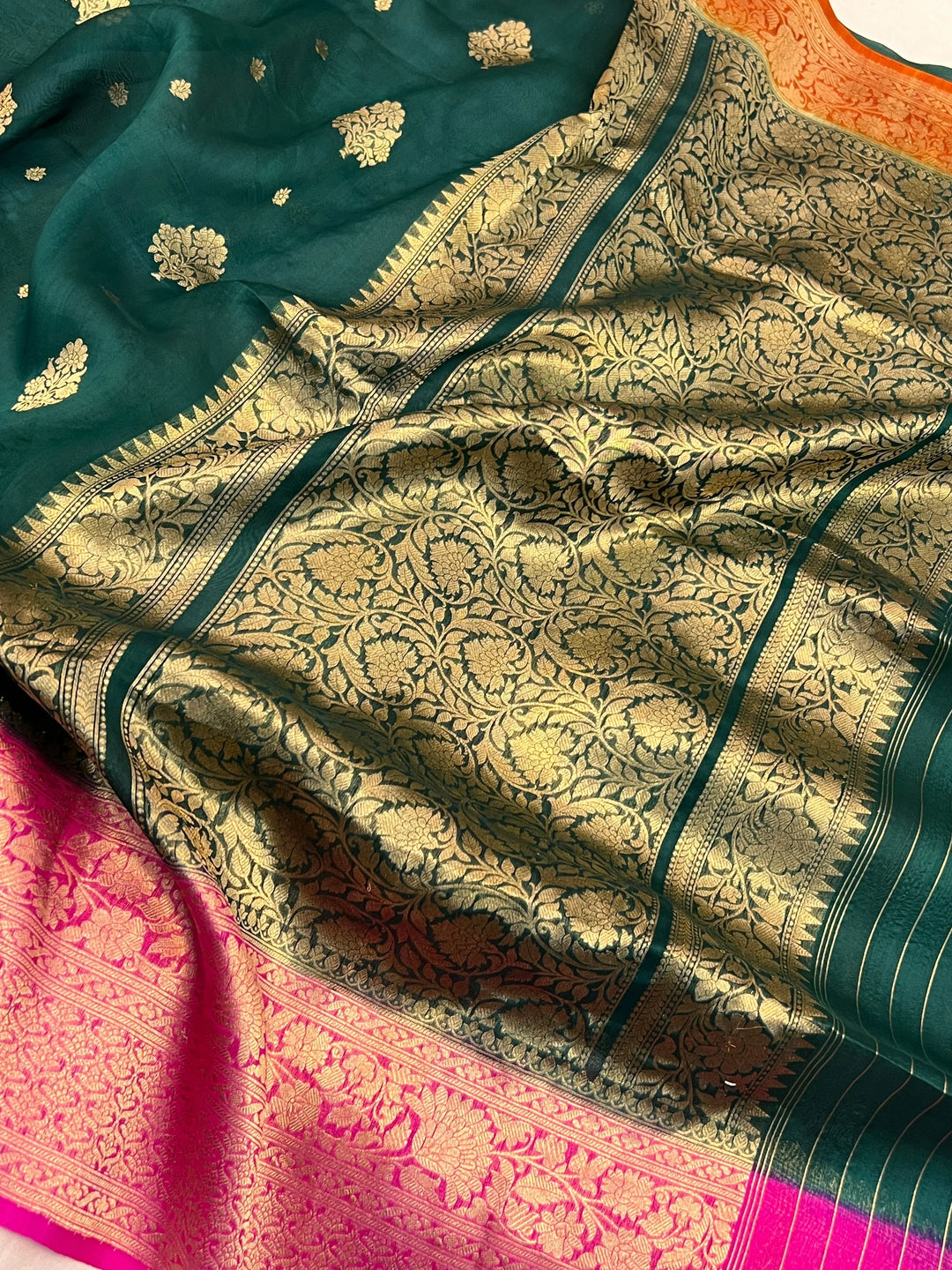 Bottle Green Banarasi Handloom Kora Silk Saree